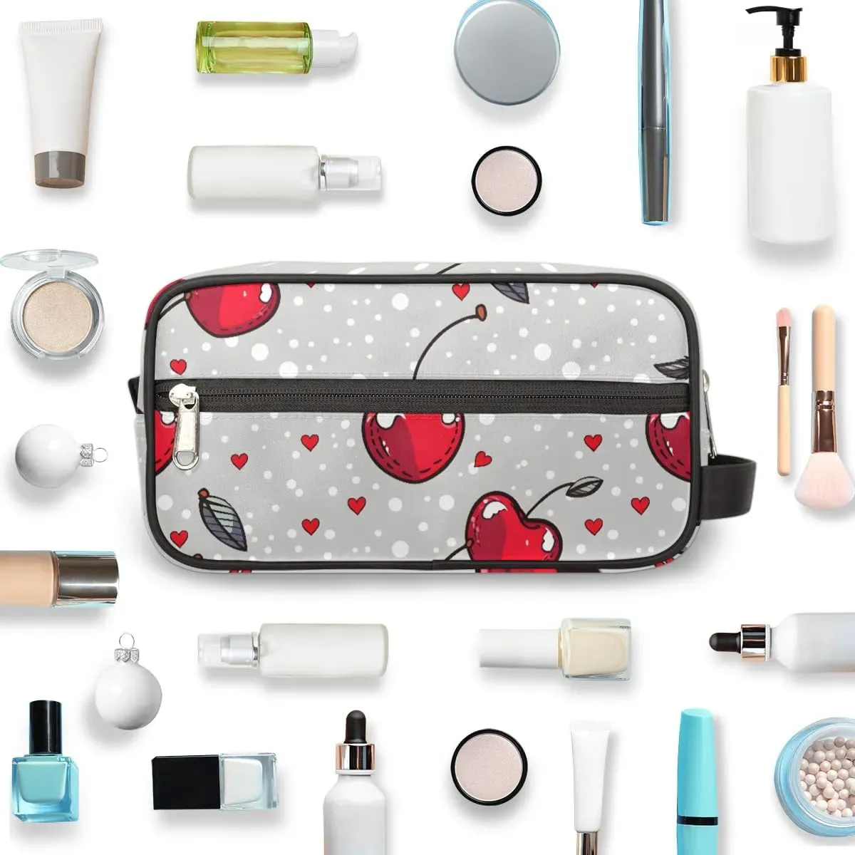 Travel Toiletry Bag for Women Men Red Cherries Pattern Hanging Cosmetic Bag Waterproof Makeup Bag for Shaving Makeup Toothbrush & Travel Essentials