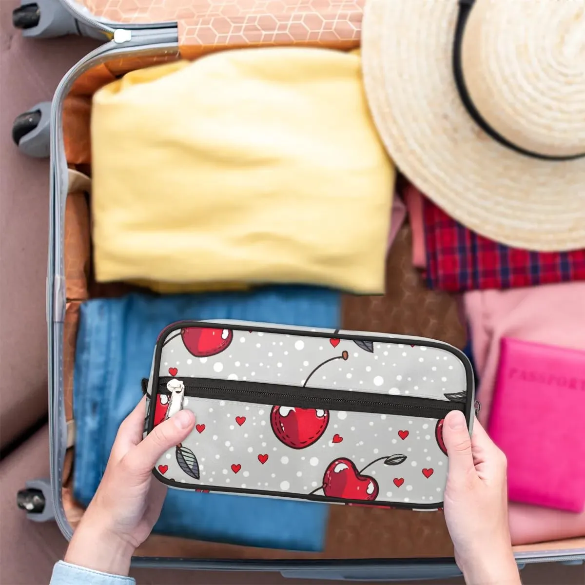 Travel Toiletry Bag for Women Men Red Cherries Pattern Hanging Cosmetic Bag Waterproof Makeup Bag for Shaving Makeup Toothbrush & Travel Essentials