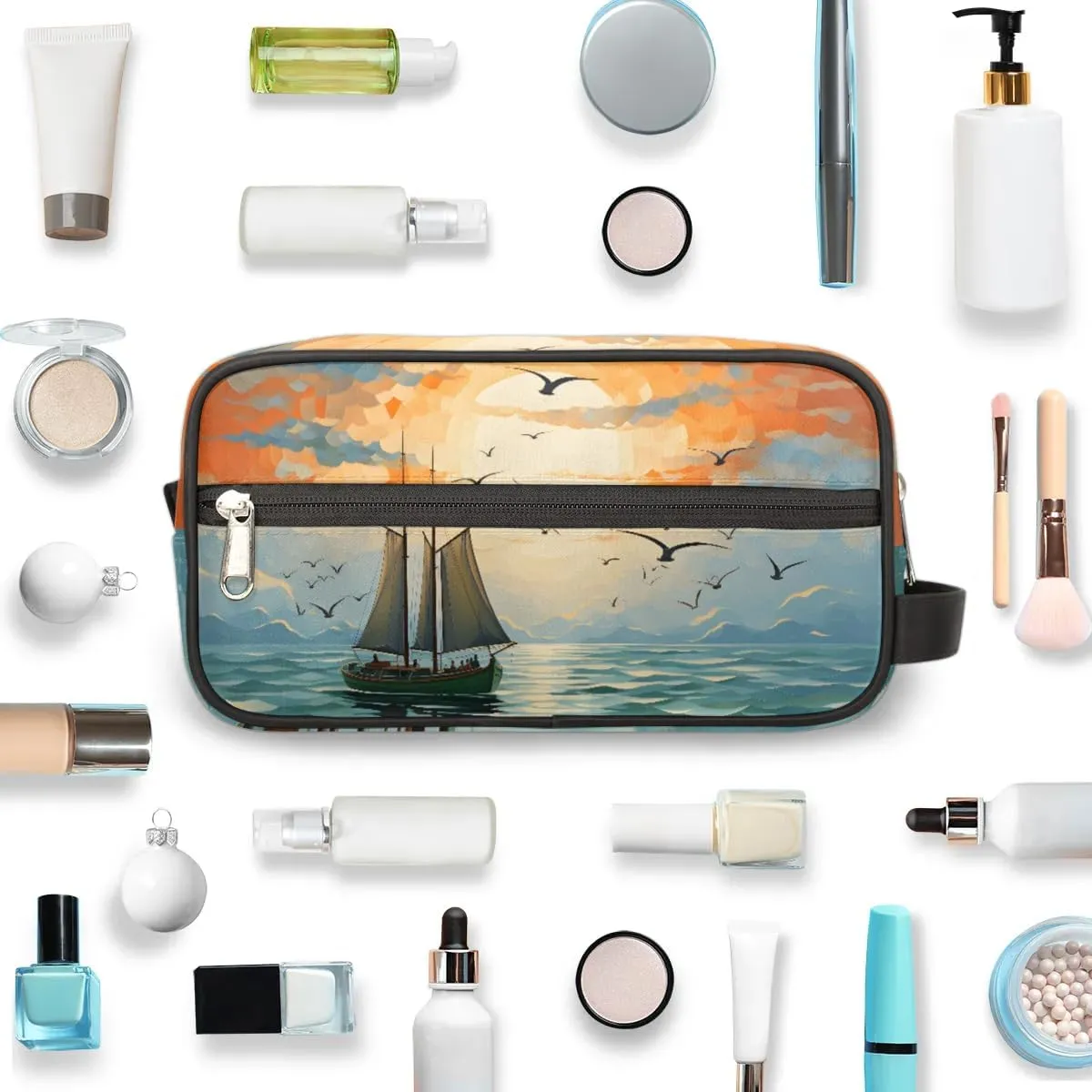 Travel Toiletry Bag for Women Men Seagull Sunset Sailboat Hanging Cosmetic Bag Waterproof Makeup Bag for Shaving Makeup Toothbrush & Travel Essentials