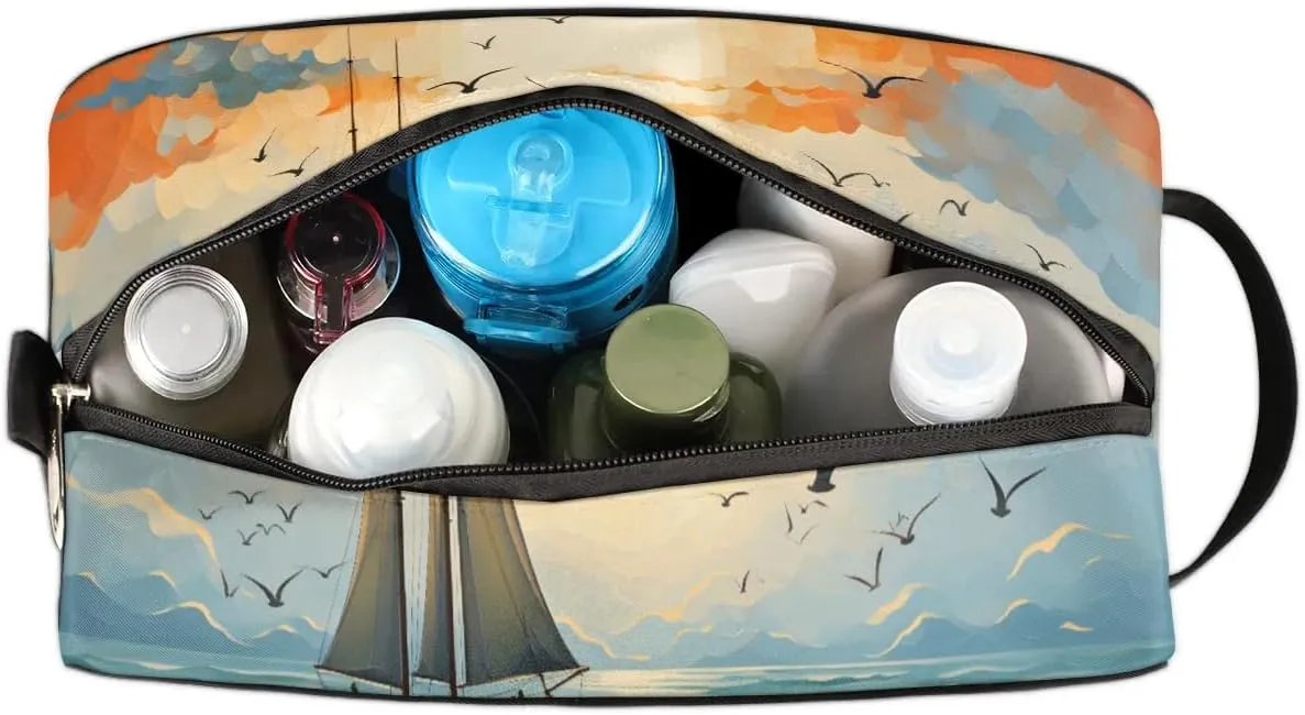 Travel Toiletry Bag for Women Men Seagull Sunset Sailboat Hanging Cosmetic Bag Waterproof Makeup Bag for Shaving Makeup Toothbrush & Travel Essentials