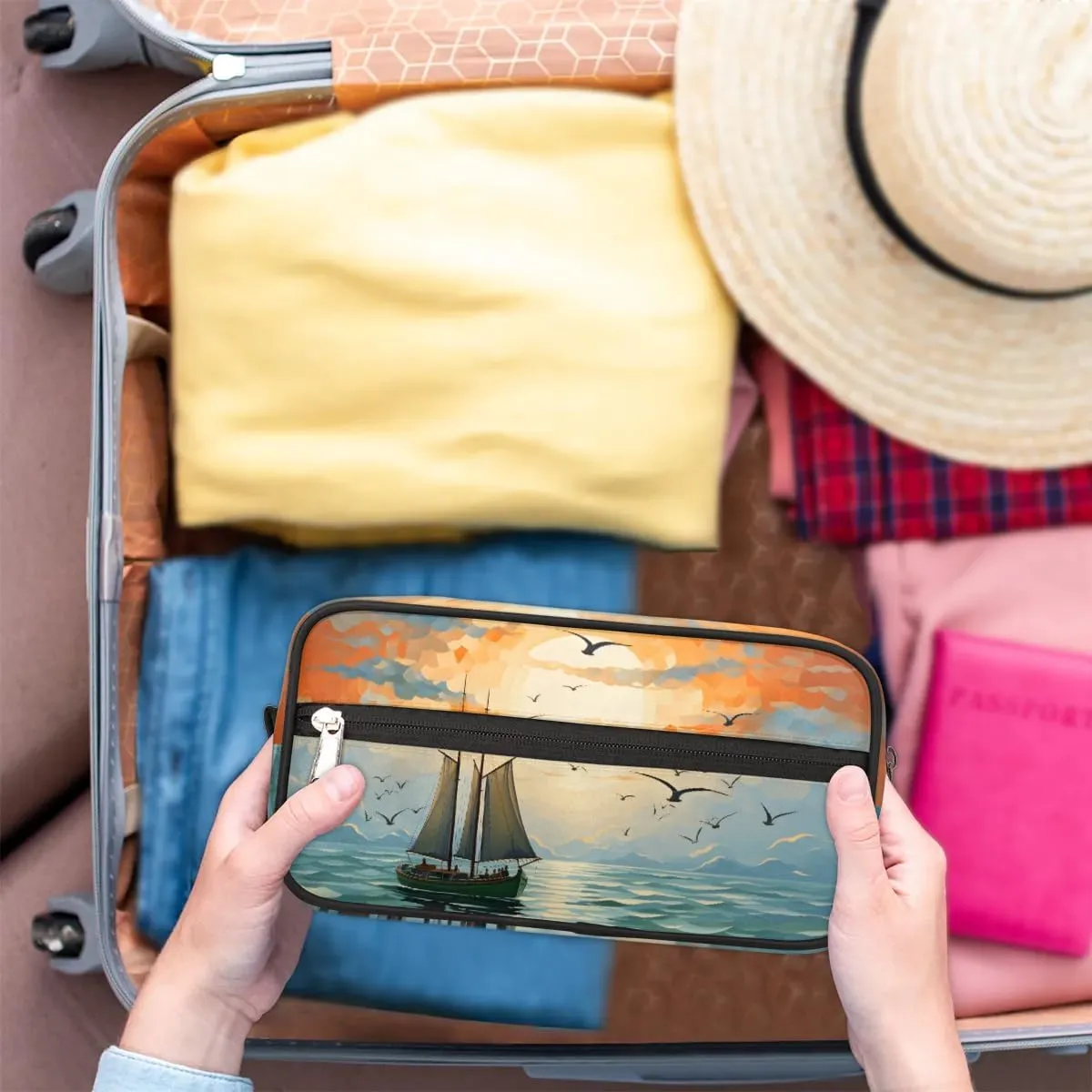 Travel Toiletry Bag for Women Men Seagull Sunset Sailboat Hanging Cosmetic Bag Waterproof Makeup Bag for Shaving Makeup Toothbrush & Travel Essentials