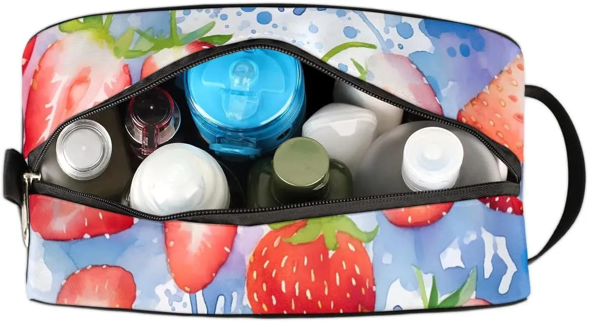 Travel Toiletry Bag for Women Men Watercolor Strawberry Hanging Cosmetic Bag Waterproof Makeup Bag for Shaving Makeup Toothbrush & Travel Essentials