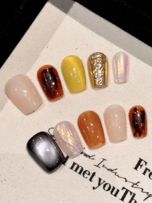 Trendy Mixed Design with Tortoise Shell, Gold Foil, Cat-Eye & Iridescent Accents Press-On Nails PN017