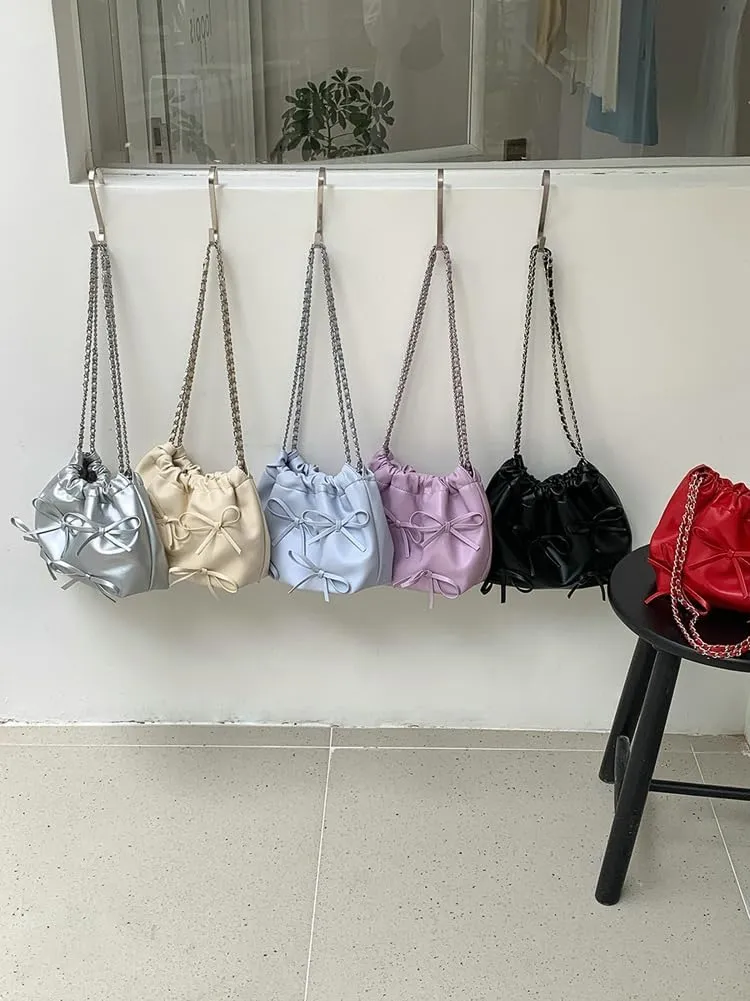 Trendy Small Purses Soft Leather Pleated Bucket Bags Shoulder Bag with Chain Cute Hobo Solid Shoulder Bags for Women