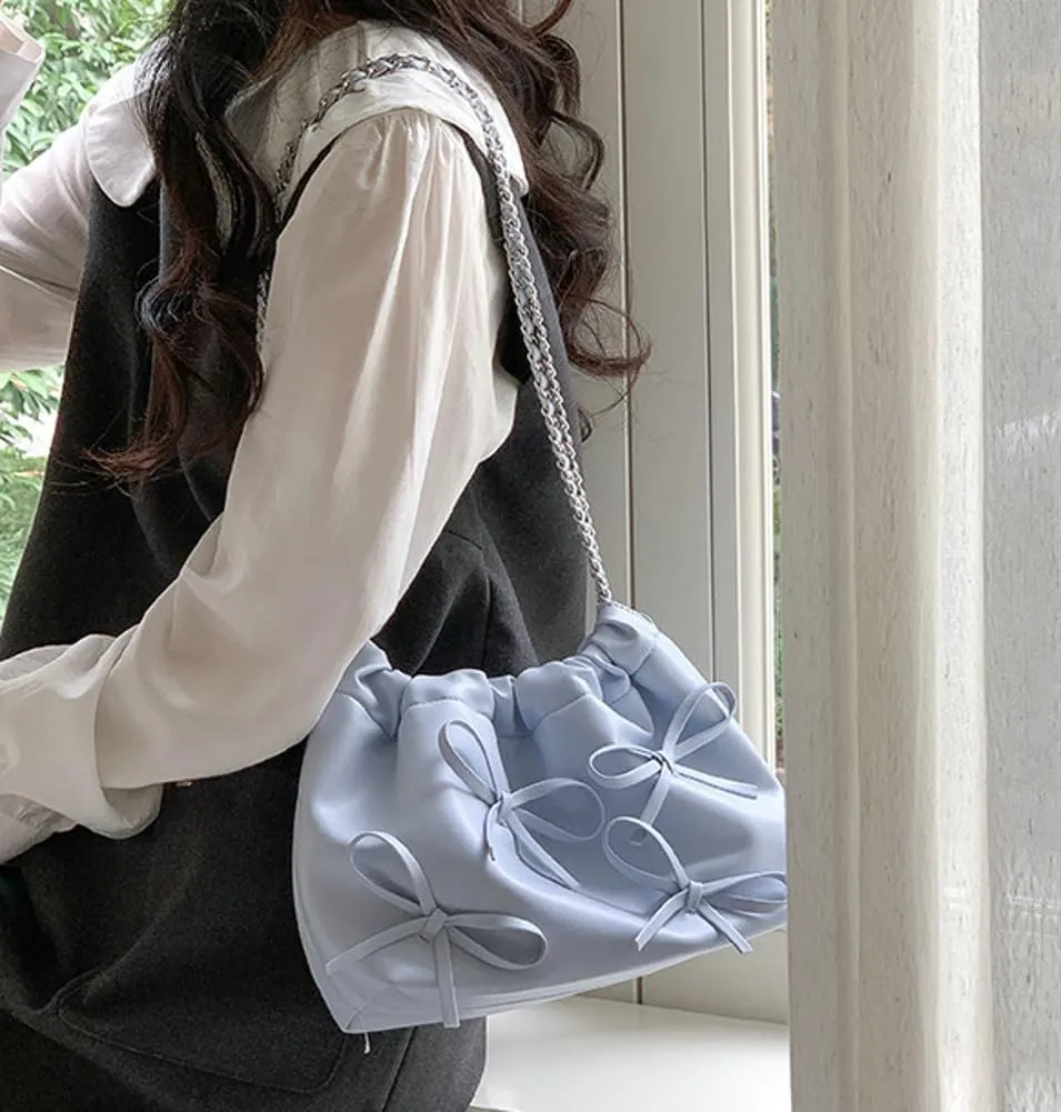 Trendy Small Purses Soft Leather Pleated Bucket Bags Shoulder Bag with Chain Cute Hobo Solid Shoulder Bags for Women