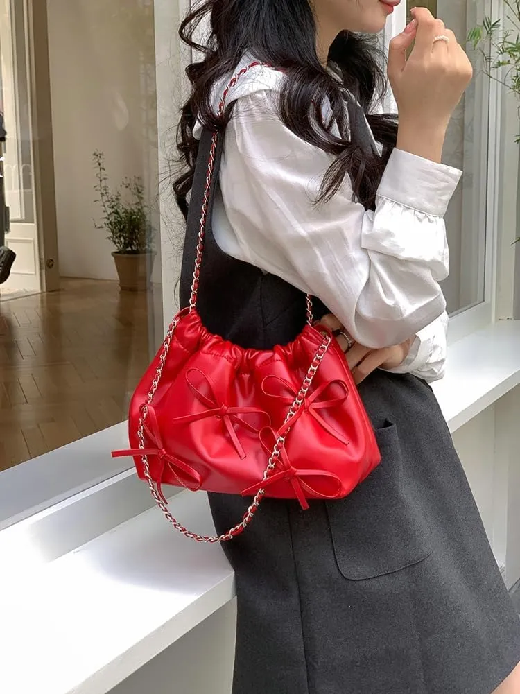 Trendy Small Purses Soft Leather Pleated Bucket Bags Shoulder Bag with Chain Cute Hobo Solid Shoulder Bags for Women