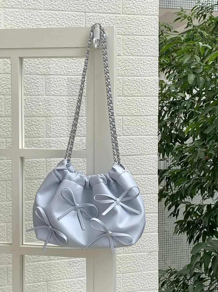 Trendy Small Purses Soft Leather Pleated Bucket Bags Shoulder Bag with Chain Cute Hobo Solid Shoulder Bags for Women