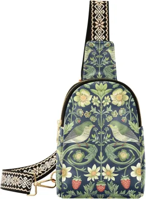 trendy Willian Morris Style; Birds crossbody fanny pack leather fanny packs chest bag for day pack
