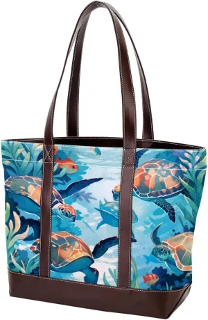 Turtle Art-349 Tote Bags Durable Leather Canvas Purses and Handbags for Women Top Handle Shoulder Satchel Hobo Bags