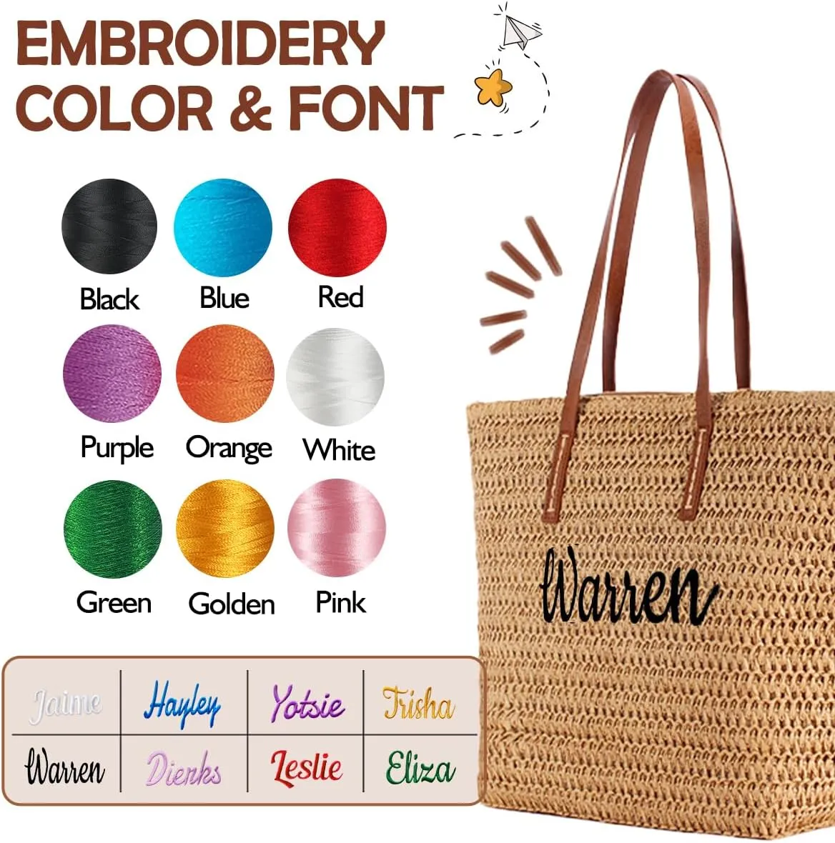 Ulico Personalized Straw Beach Bags for Women, Large Tote Bag with Embroidered Name Lightweight Foldable Shoulder Bag
