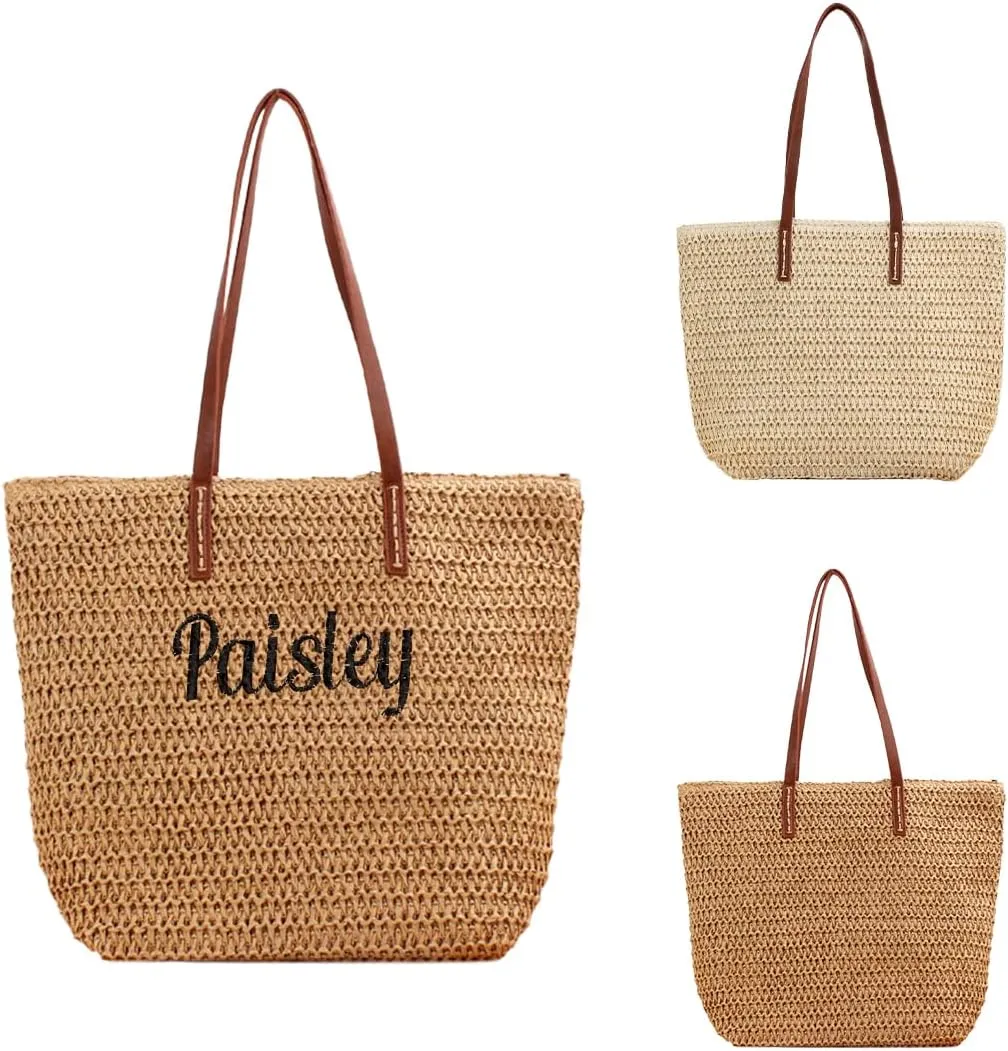 Ulico Personalized Straw Beach Bags for Women, Large Tote Bag with Embroidered Name Lightweight Foldable Shoulder Bag