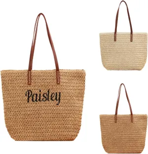 Ulico Personalized Straw Beach Bags for Women, Large Tote Bag with Embroidered Name Lightweight Foldable Shoulder Bag