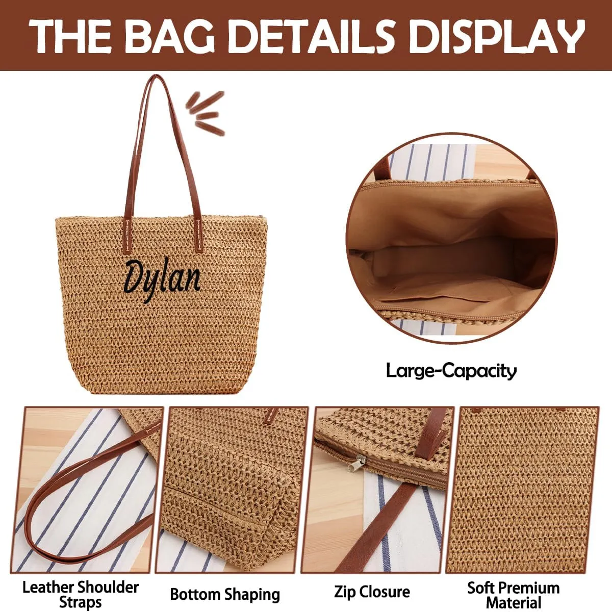Ulico Personalized Straw Beach Bags for Women, Large Tote Bag with Embroidered Name Lightweight Foldable Shoulder Bag