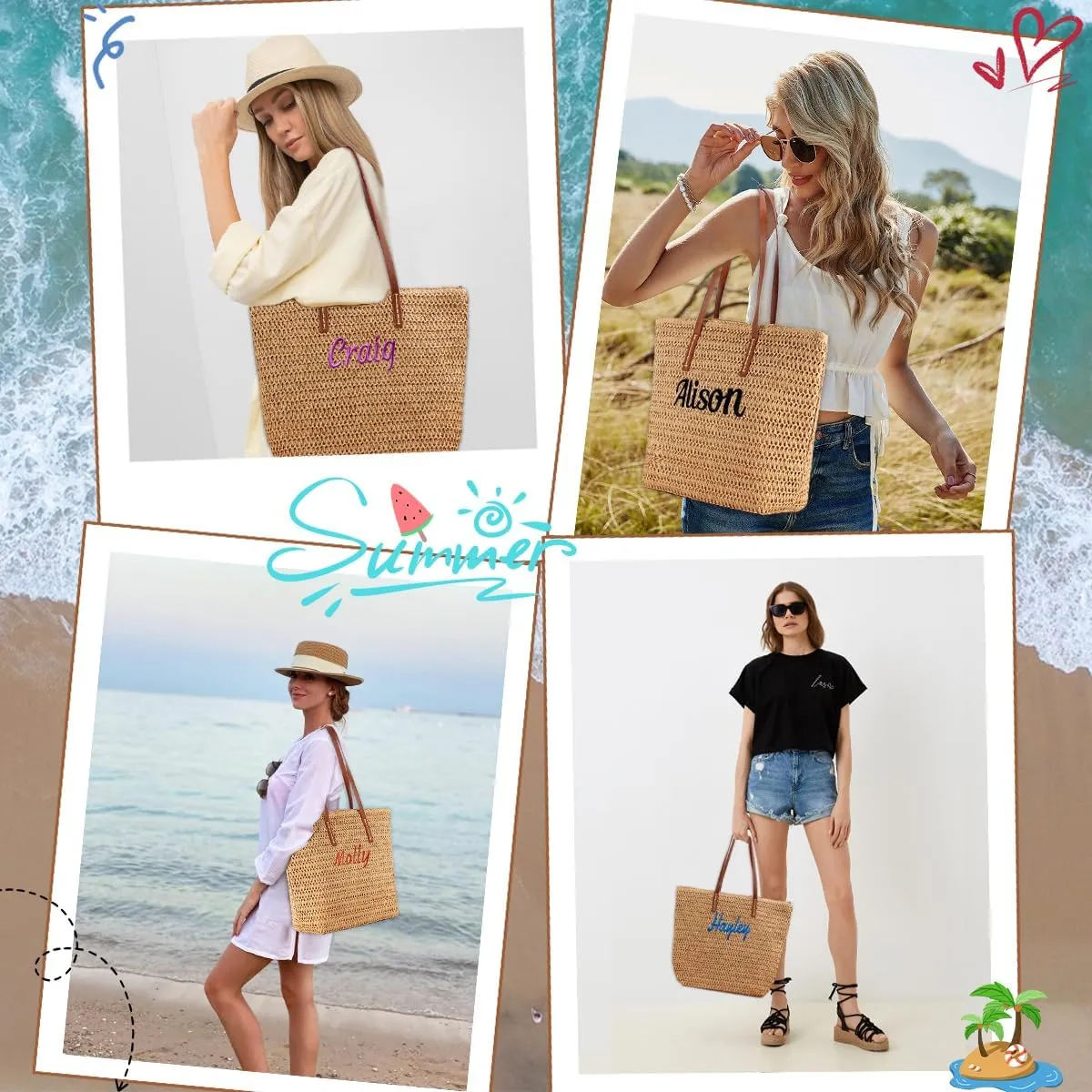 Ulico Personalized Straw Beach Bags for Women, Large Tote Bag with Embroidered Name Lightweight Foldable Shoulder Bag