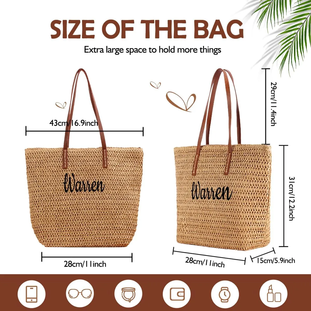 Ulico Personalized Straw Beach Bags for Women, Large Tote Bag with Embroidered Name Lightweight Foldable Shoulder Bag