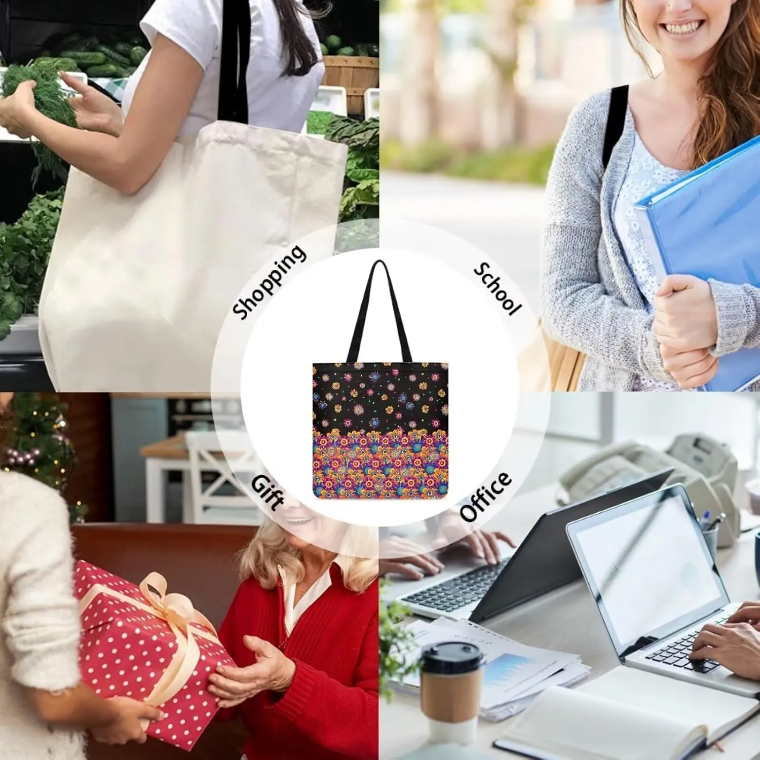 Vibrant Pattern Tote Bag for WomenReusable Handbag for Shopping School Sports