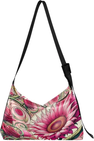 Vibrant Pink Sunflower Hobo Crossbody Bags for Women Leather Large Shoulder Bag Cross Body Roses Garden Trendy Womens Tote Bags Handbag for Travel Shopping