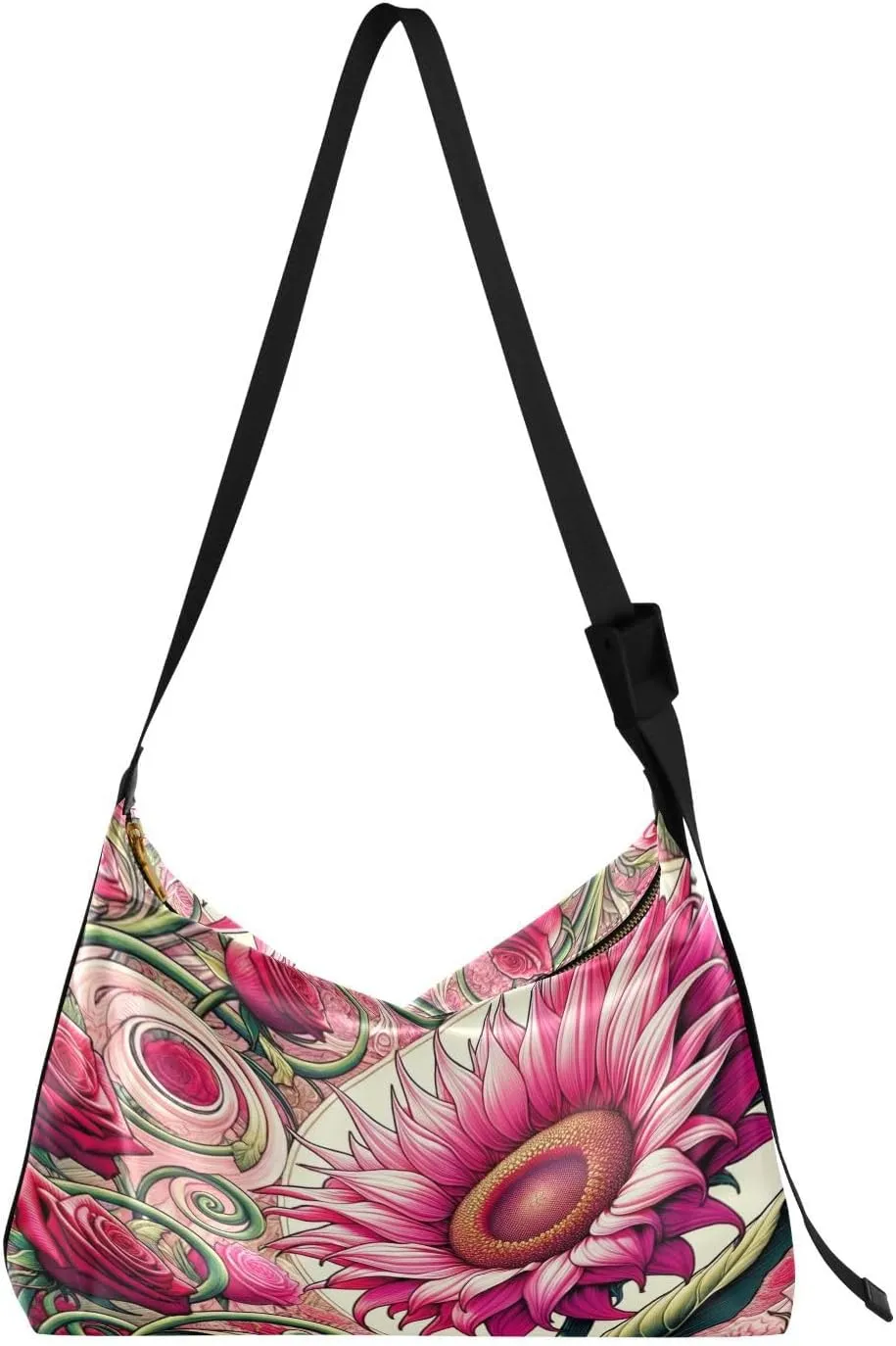 Vibrant Pink Sunflower Hobo Crossbody Bags for Women Leather Large Shoulder Bag Cross Body Roses Garden Trendy Womens Tote Bags Handbag for Travel Shopping