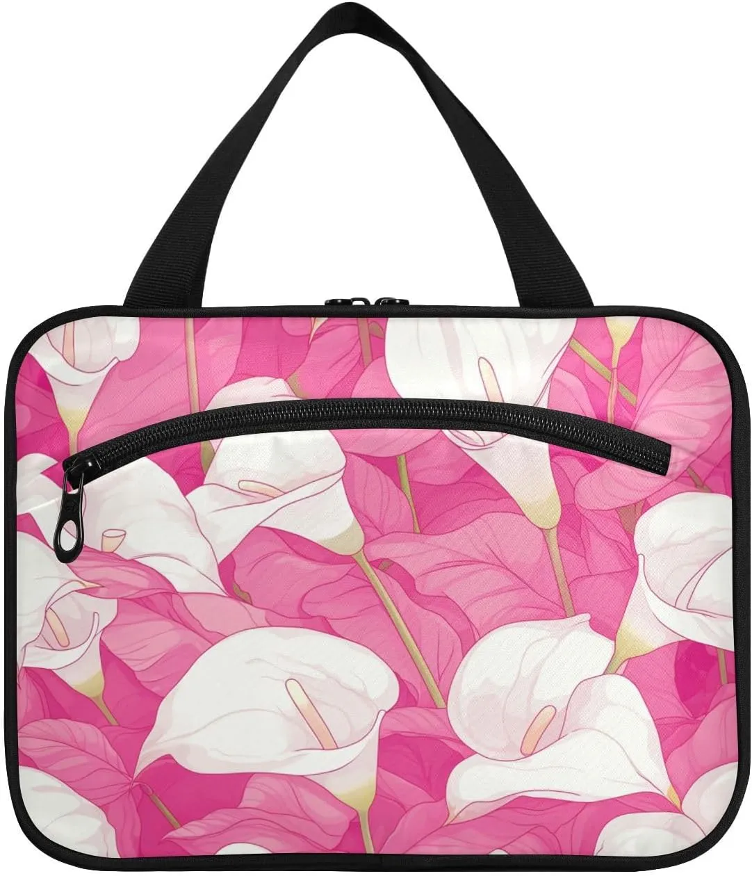 Vintage Calla Lily Hot Pink and White Chic hanging travel bags for women toiletry with hook, designer necessities snack bag for womens traveling estuches para maquillaje L