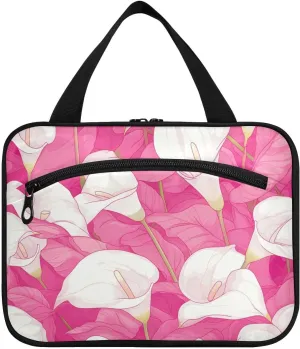 Vintage Calla Lily Hot Pink and White Chic hanging travel bags for women toiletry with hook, designer necessities snack bag for womens traveling estuches para maquillaje L