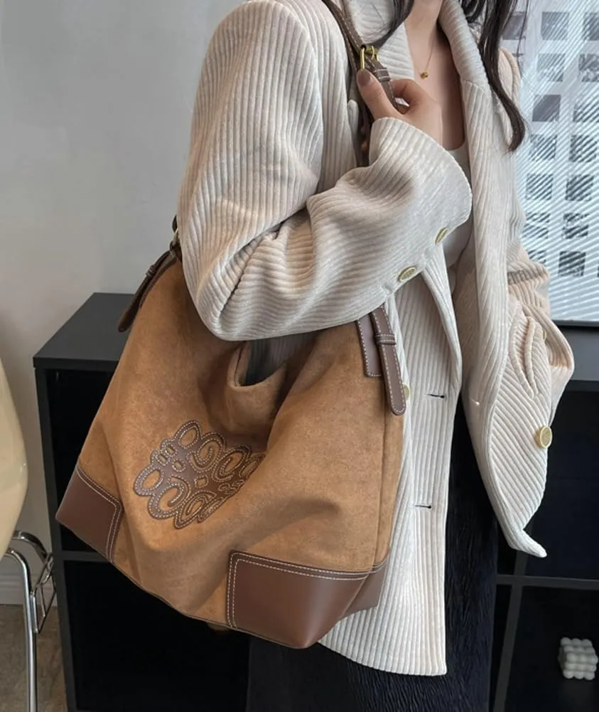 Vintage Suede Tote Bag Large Capacity Casual Hobo Bag Satchel Purse Chic Shoulder Handbag Crossbody Underarm Bag for Women