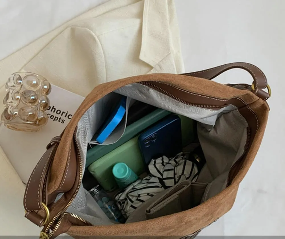 Vintage Suede Tote Bag Large Capacity Casual Hobo Bag Satchel Purse Chic Shoulder Handbag Crossbody Underarm Bag for Women