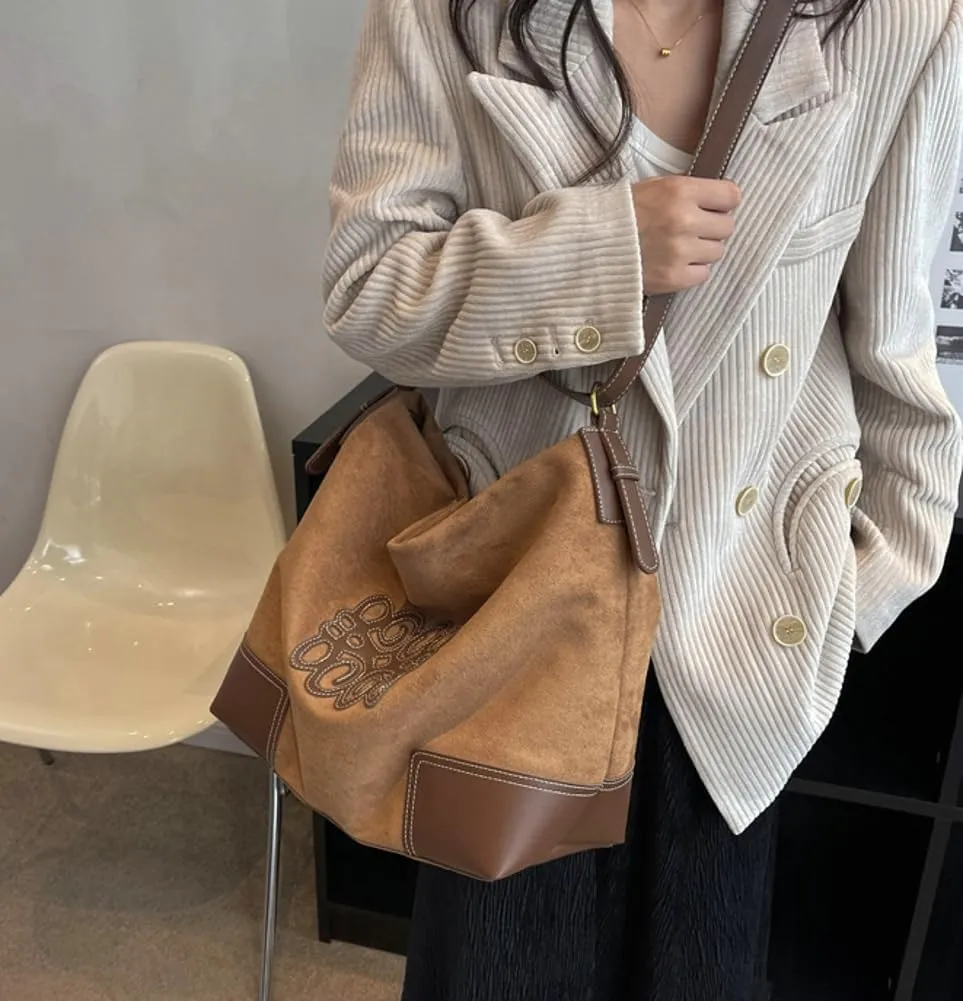 Vintage Suede Tote Bag Large Capacity Casual Hobo Bag Satchel Purse Chic Shoulder Handbag Crossbody Underarm Bag for Women