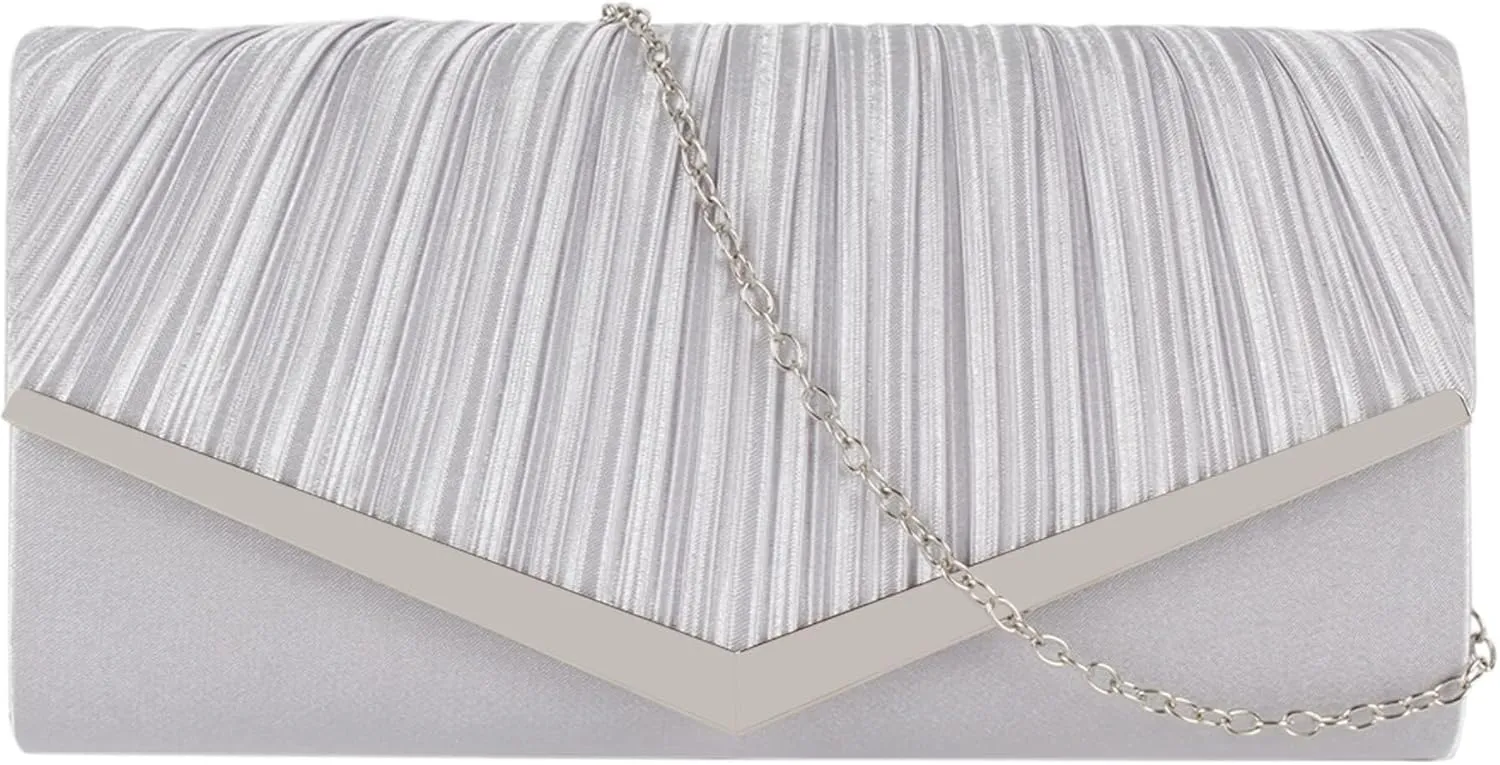 Wedding Party Prom Dress Handbag with Detachable Chain Satin Evening Pleated Envelope Clutch Purse