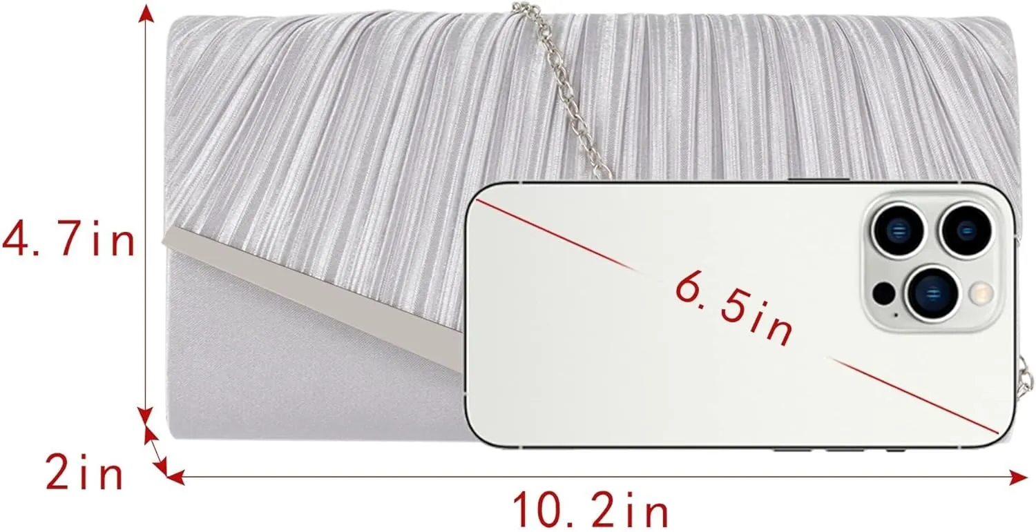 Wedding Party Prom Dress Handbag with Detachable Chain Satin Evening Pleated Envelope Clutch Purse