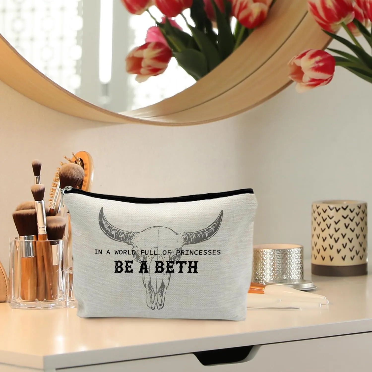 Western Cow Makeup Bag - Vintage Bull Skull Cosmetic Bag for Women, Country Girl Gifts, Western Makeup Pouch