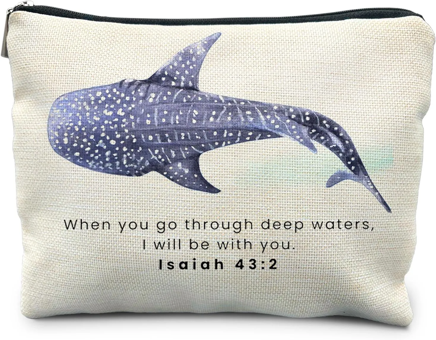 Whale Shark Christian Makeup Bag Pouch, Christian Shark Gifts for Women, Bible Verse Gifts Isaiah 43:2, When you go through deep waters I will be with you