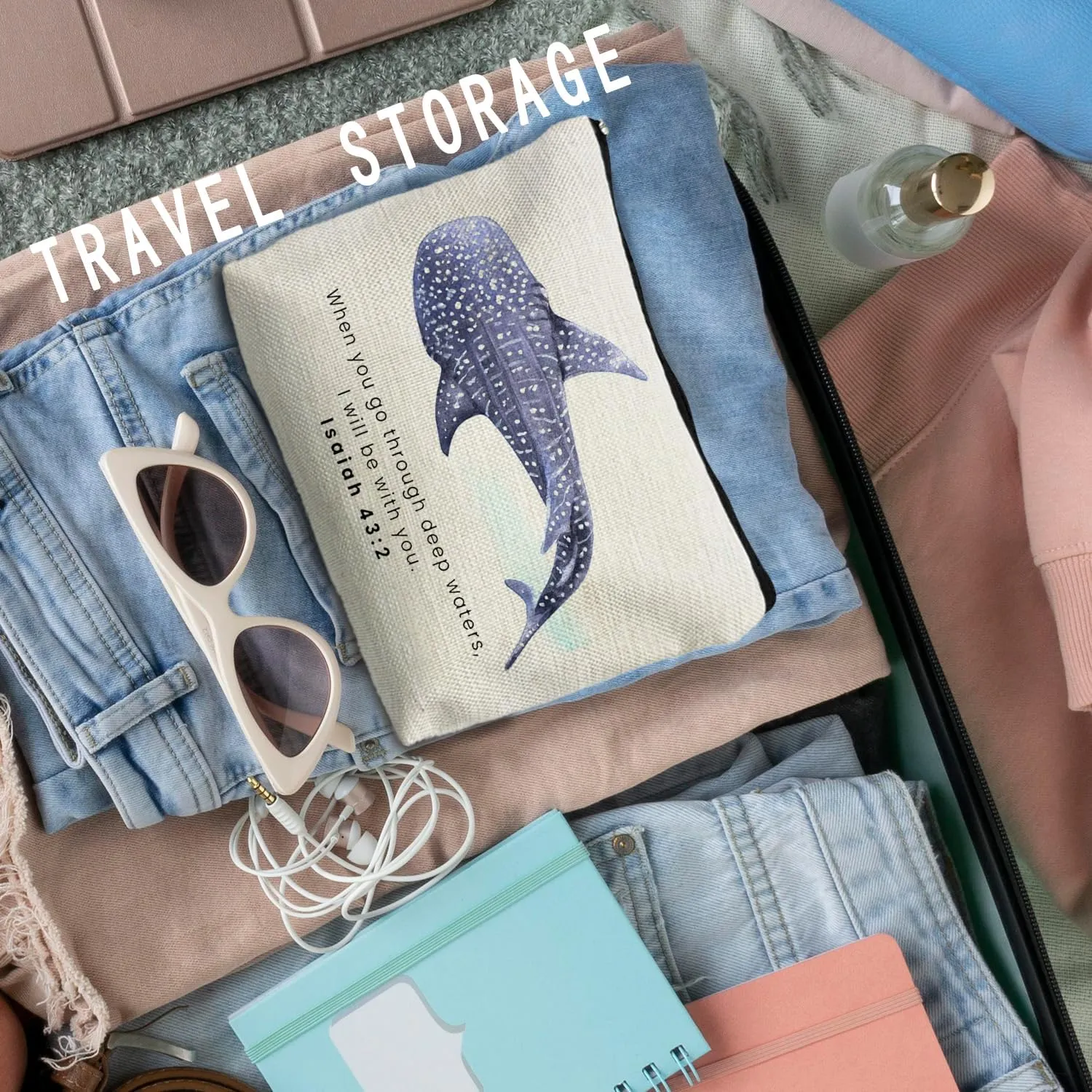 Whale Shark Christian Makeup Bag Pouch, Christian Shark Gifts for Women, Bible Verse Gifts Isaiah 43:2, When you go through deep waters I will be with you