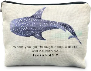 Whale Shark Christian Makeup Bag Pouch, Christian Shark Gifts for Women, Bible Verse Gifts Isaiah 43:2, When you go through deep waters I will be with you