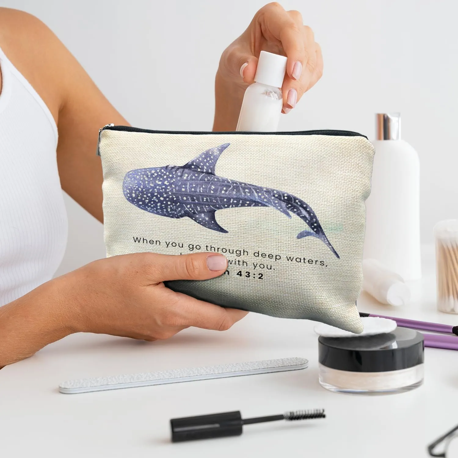 Whale Shark Christian Makeup Bag Pouch, Christian Shark Gifts for Women, Bible Verse Gifts Isaiah 43:2, When you go through deep waters I will be with you