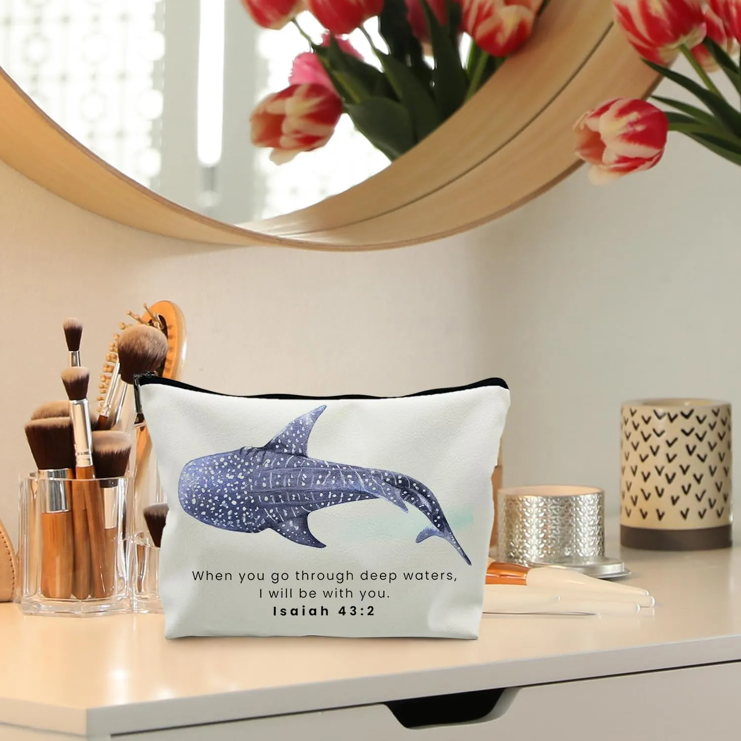 Whale Shark Christian Weather Makeup Bag Pouch, Christian Shark Gifts for Women, Bible Verse Gifts Isaiah 43:2, When you go through deep waters I will be with you(PU)