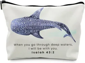 Whale Shark Christian Weather Makeup Bag Pouch, Christian Shark Gifts for Women, Bible Verse Gifts Isaiah 43:2, When you go through deep waters I will be with you(PU)