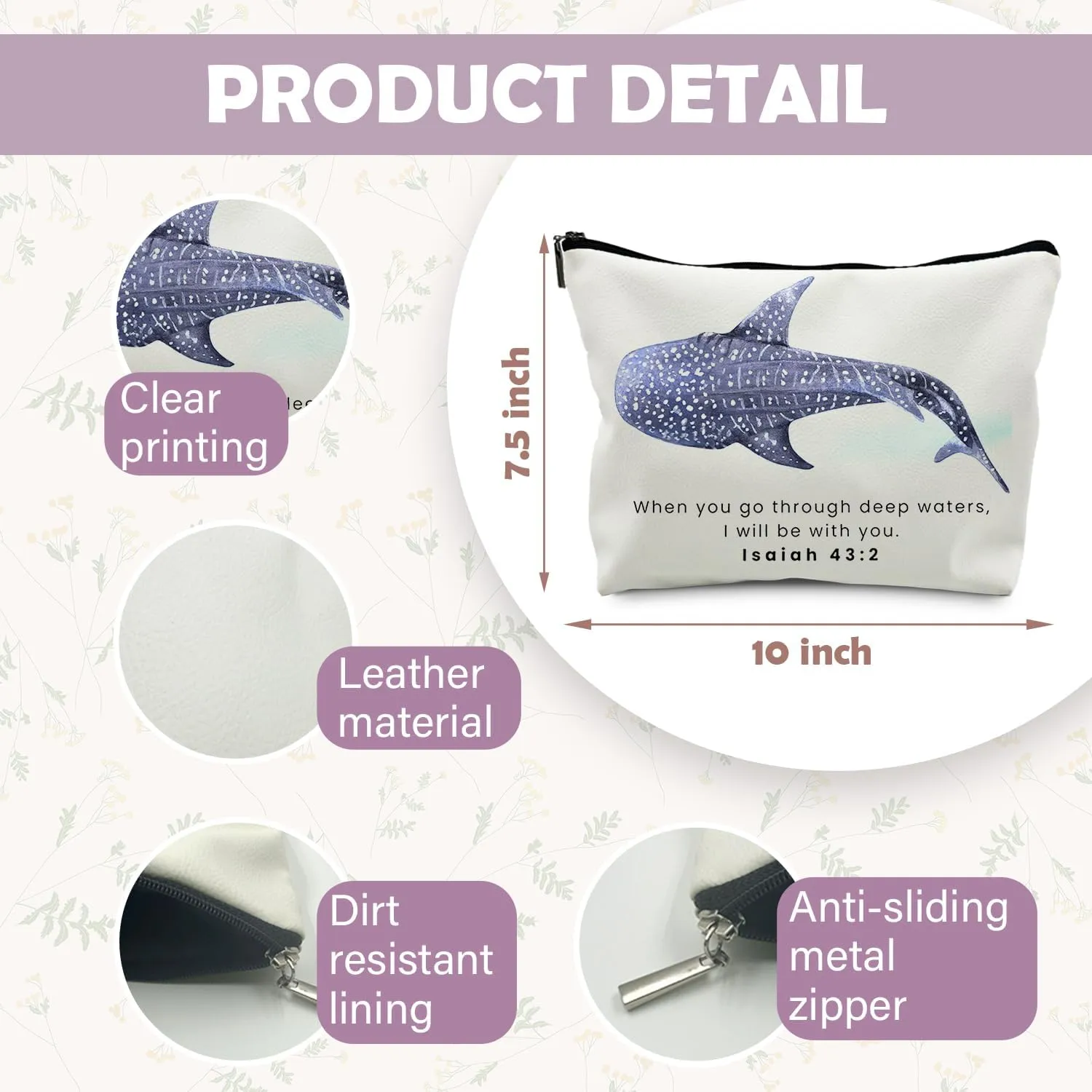 Whale Shark Christian Weather Makeup Bag Pouch, Christian Shark Gifts for Women, Bible Verse Gifts Isaiah 43:2, When you go through deep waters I will be with you(PU)