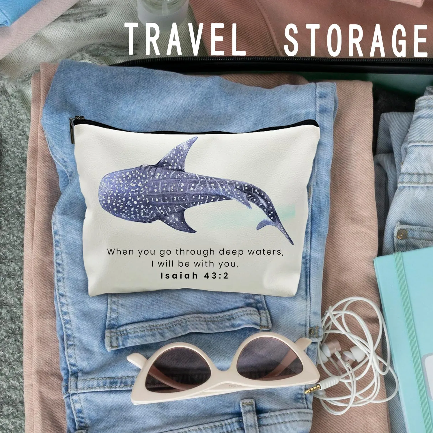 Whale Shark Christian Weather Makeup Bag Pouch, Christian Shark Gifts for Women, Bible Verse Gifts Isaiah 43:2, When you go through deep waters I will be with you(PU)