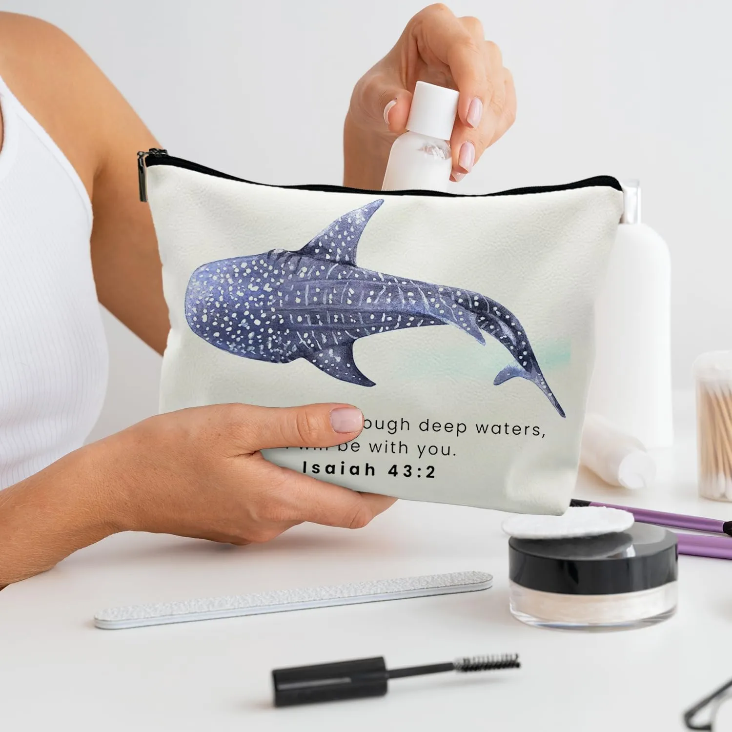 Whale Shark Christian Weather Makeup Bag Pouch, Christian Shark Gifts for Women, Bible Verse Gifts Isaiah 43:2, When you go through deep waters I will be with you(PU)
