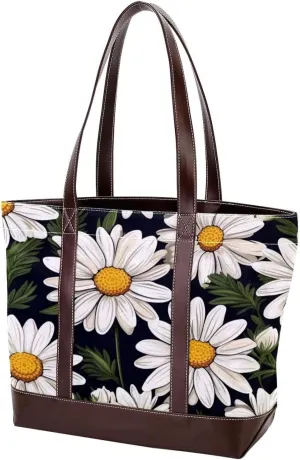 White Aesthetic Daisy-403 Tote Bags Durable Leather Canvas Purses and Handbags for Women Top Handle Shoulder Satchel Hobo Bags
