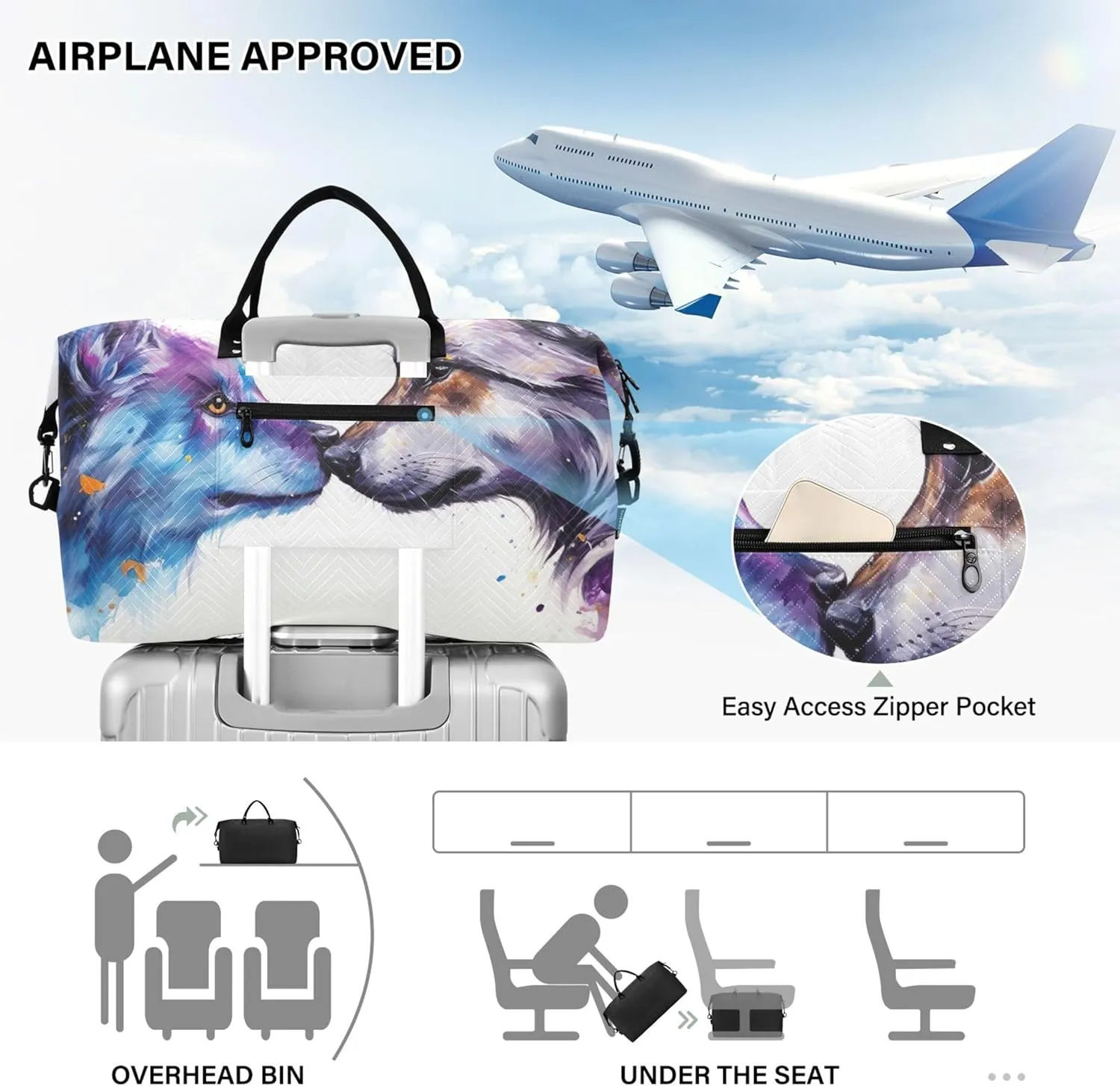 Wolf Kissing Painting Duffle Travel Bags Toiletry Bags Set of 2, Print Women Garment Duffel Bag Carry on Tote