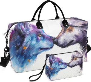Wolf Kissing Painting Duffle Travel Bags Toiletry Bags Set of 2, Print Women Garment Duffel Bag Carry on Tote