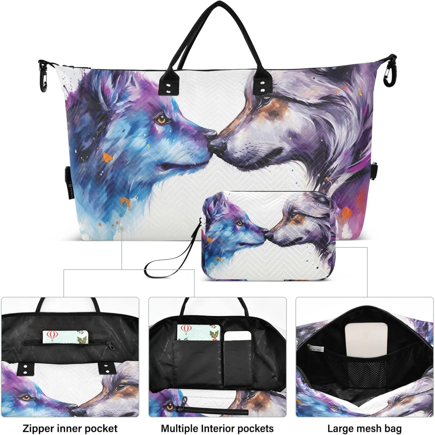 Wolf Kissing Painting Duffle Travel Bags Toiletry Bags Set of 2, Print Women Garment Duffel Bag Carry on Tote