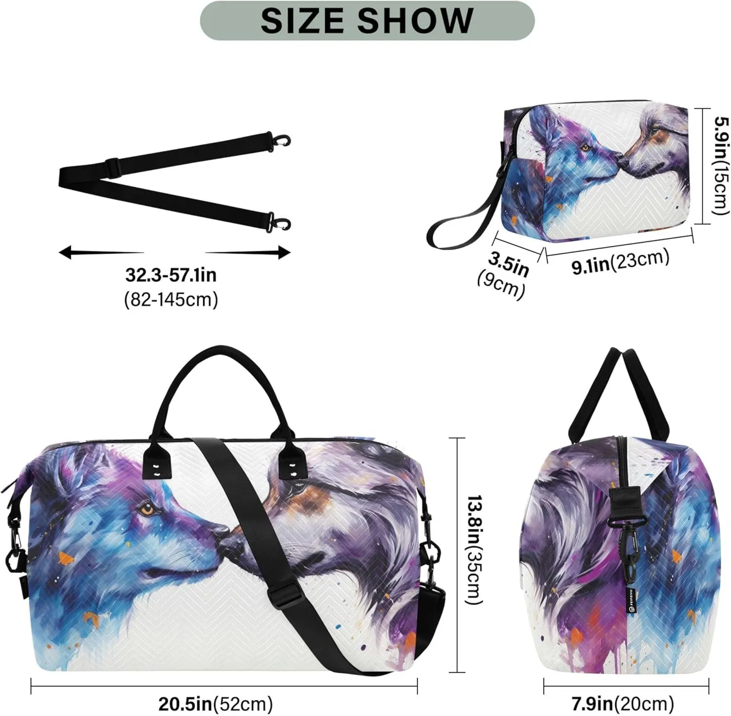 Wolf Kissing Painting Duffle Travel Bags Toiletry Bags Set of 2, Print Women Garment Duffel Bag Carry on Tote
