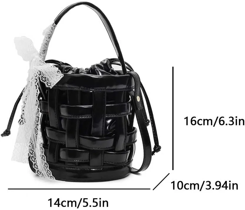 Women PU Woven Bucket Bag Drawstring Crossbody Bag Chic Hobo Bag (Black)