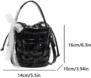 Women PU Woven Bucket Bag Drawstring Crossbody Bag Chic Hobo Bag (Black)