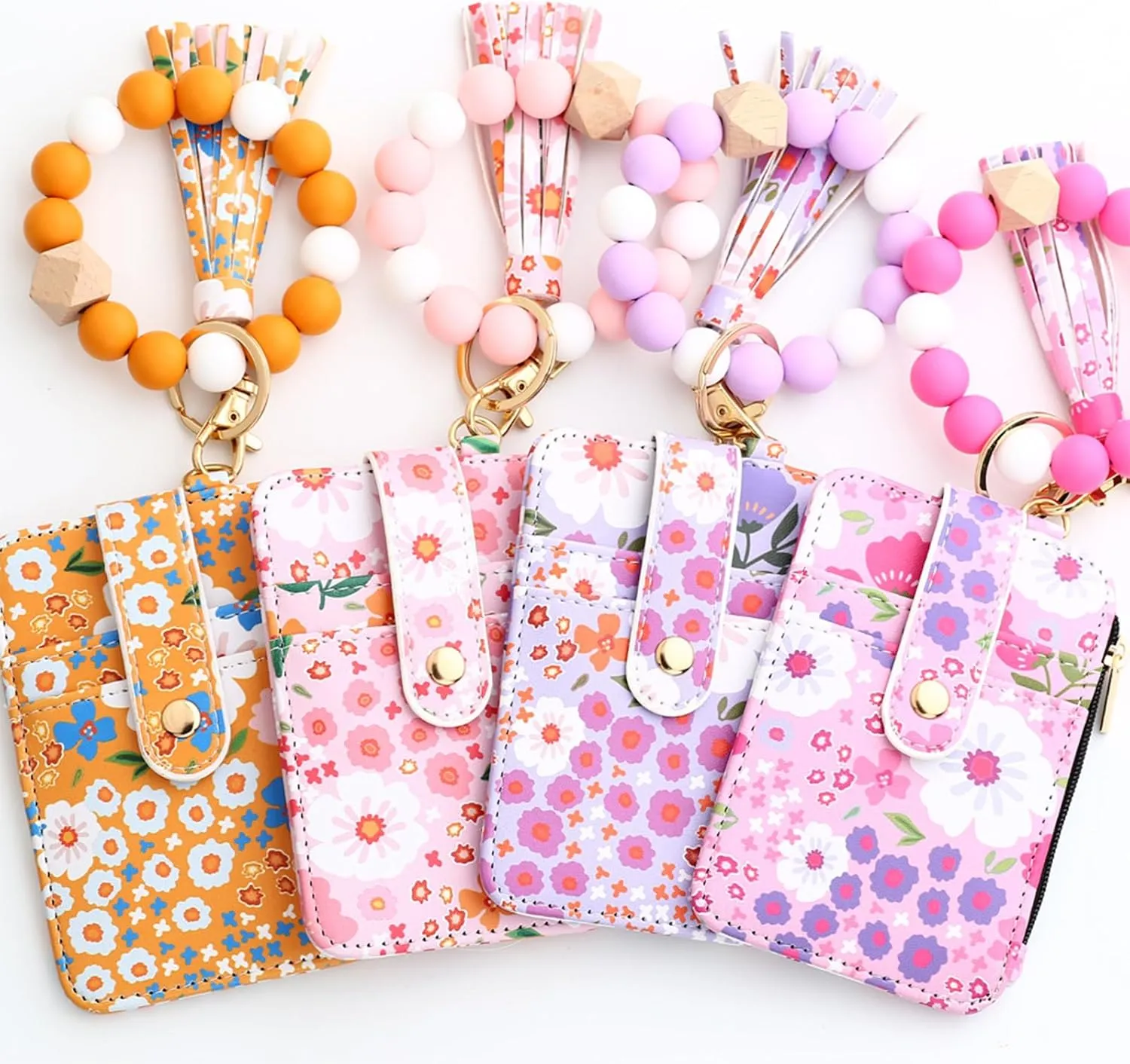 Women's Boho Beaded Wallet, Wristlet Wallet Keychain With Beaded Tassel Flower Pattern (Purple)