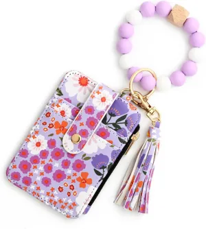 Women's Boho Beaded Wallet, Wristlet Wallet Keychain With Beaded Tassel Flower Pattern (Purple)