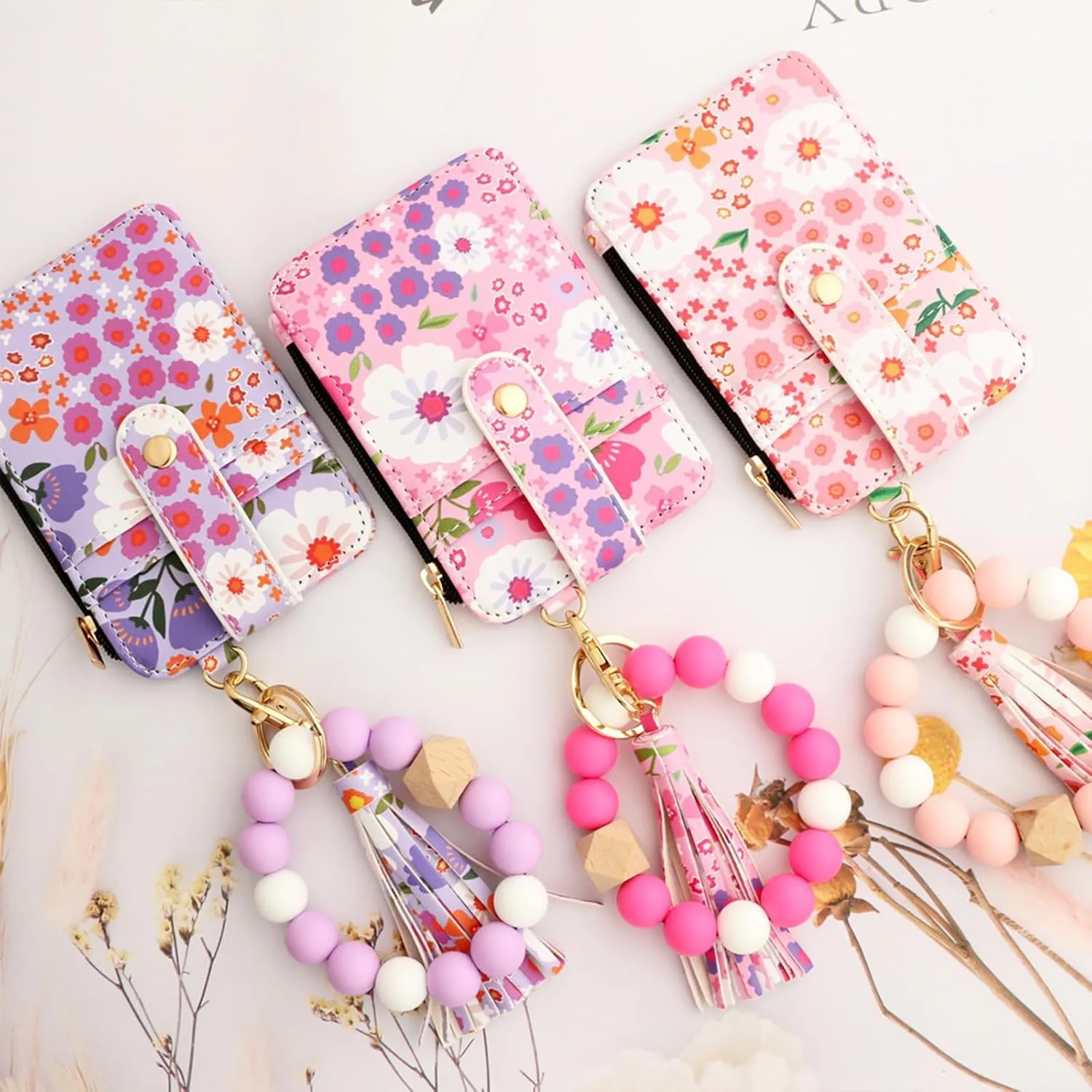 Women's Boho Beaded Wallet, Wristlet Wallet Keychain With Beaded Tassel Flower Pattern (Purple)