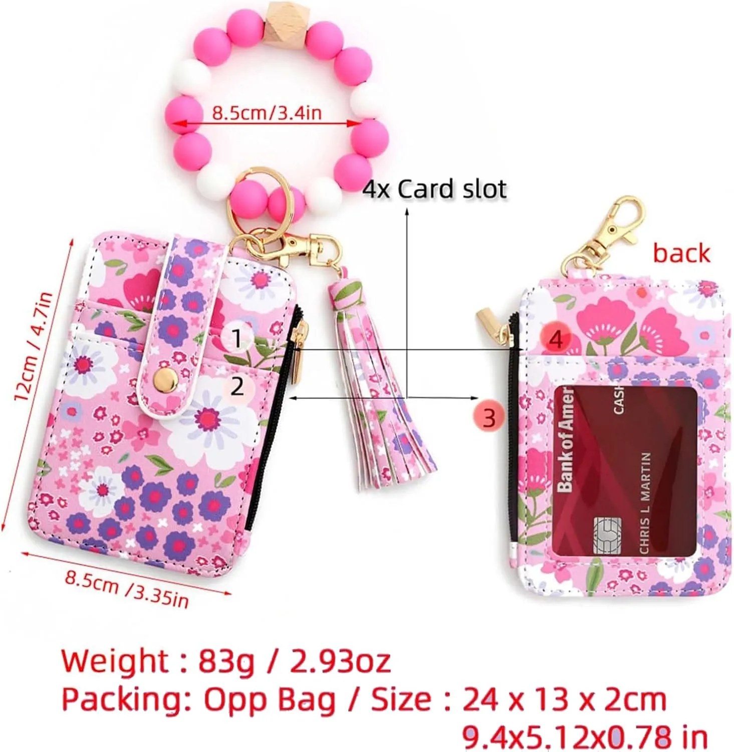 Women's Boho Beaded Wallet, Wristlet Wallet Keychain With Beaded Tassel Flower Pattern (Purple)